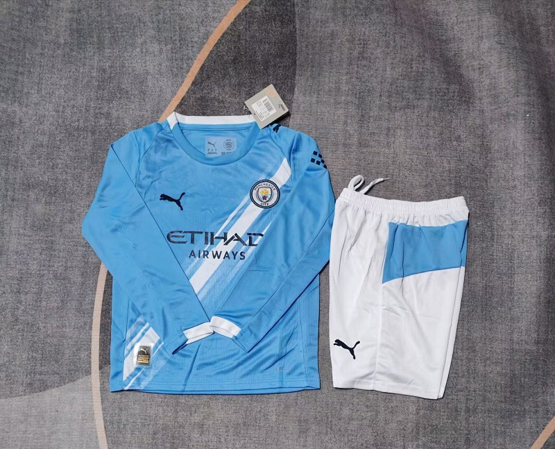 Kids Man City Home Long Sleeve Soccer Uniform 2025 2026-haoyifa