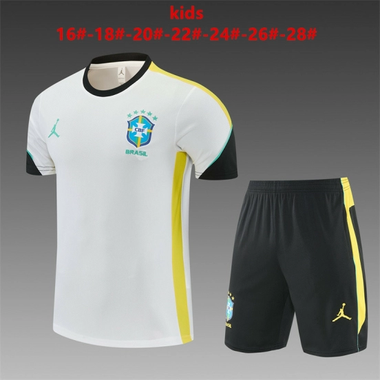 27 Kids Brazil Away White Short Sleeve + Soccer Shorts