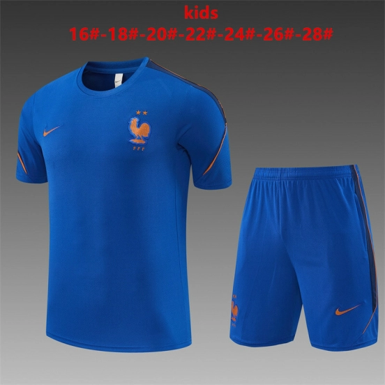 2026 Kids France Blue & Orange Short Sleeve+Soccer Shorts