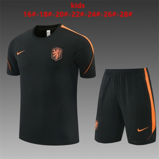 2026 Kids Netherlands Black & Orange Short Sleeve+Soccer Shorts