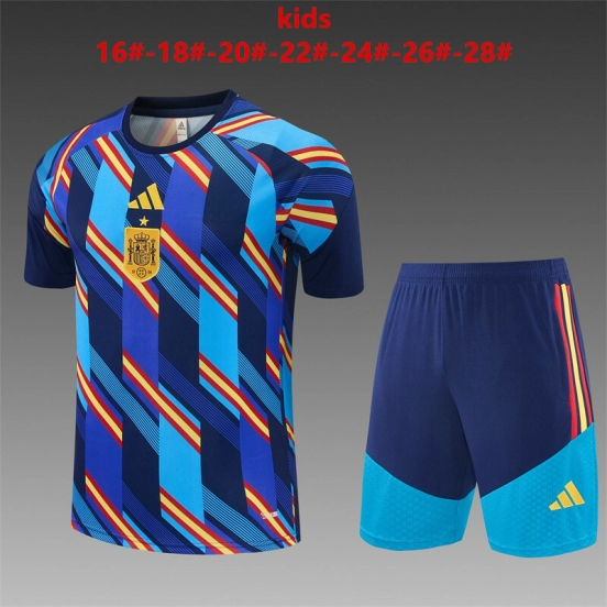 2026 Kids Spain Navy Blue Multi-Color Diagonal Stripe Short Sleeve+Soccer Shorts