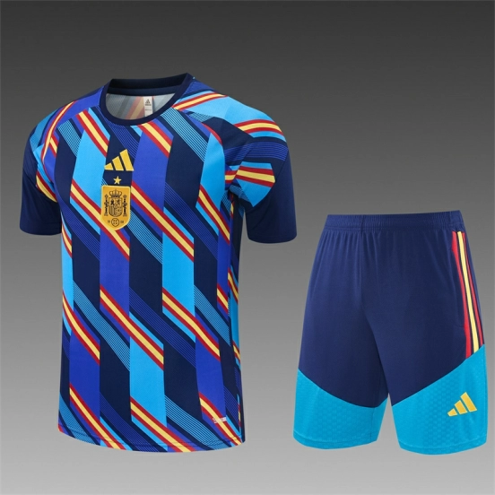 2026 Spain Navy Blue Multi-Color Diagonal Stripe Short Sleeve+Soccer Shorts